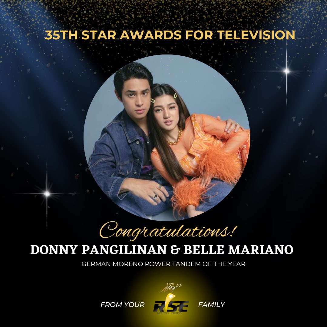 riseartistsph's tweet photo. Congratulations, Donny Pangilinan and Belle Mariano 🥹👏🏼🏆

One of the recipients of German Moreno Power Tandem of the Year on the 35 Star Awards for Televisions! 👏🏼✨

GRABEEE NA KAU 😫🥹 Proud na proud ang Bubblies and solid fans niyo here!!! Rigghtt? 

#BelleMariano https://t.co/5APsAZZxxb