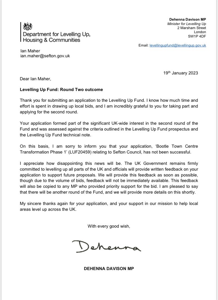 Peter_Dowd's tweet image. The bid by @seftoncouncil for Bootle’s Town Centre “Levelling Up” is rejected by a Tory minister. Meanwhile there’s £22,950,690
for a new “outdoor food market” in one of the wealthiest Tory heartlands! Fair? I leave it for you to decide.