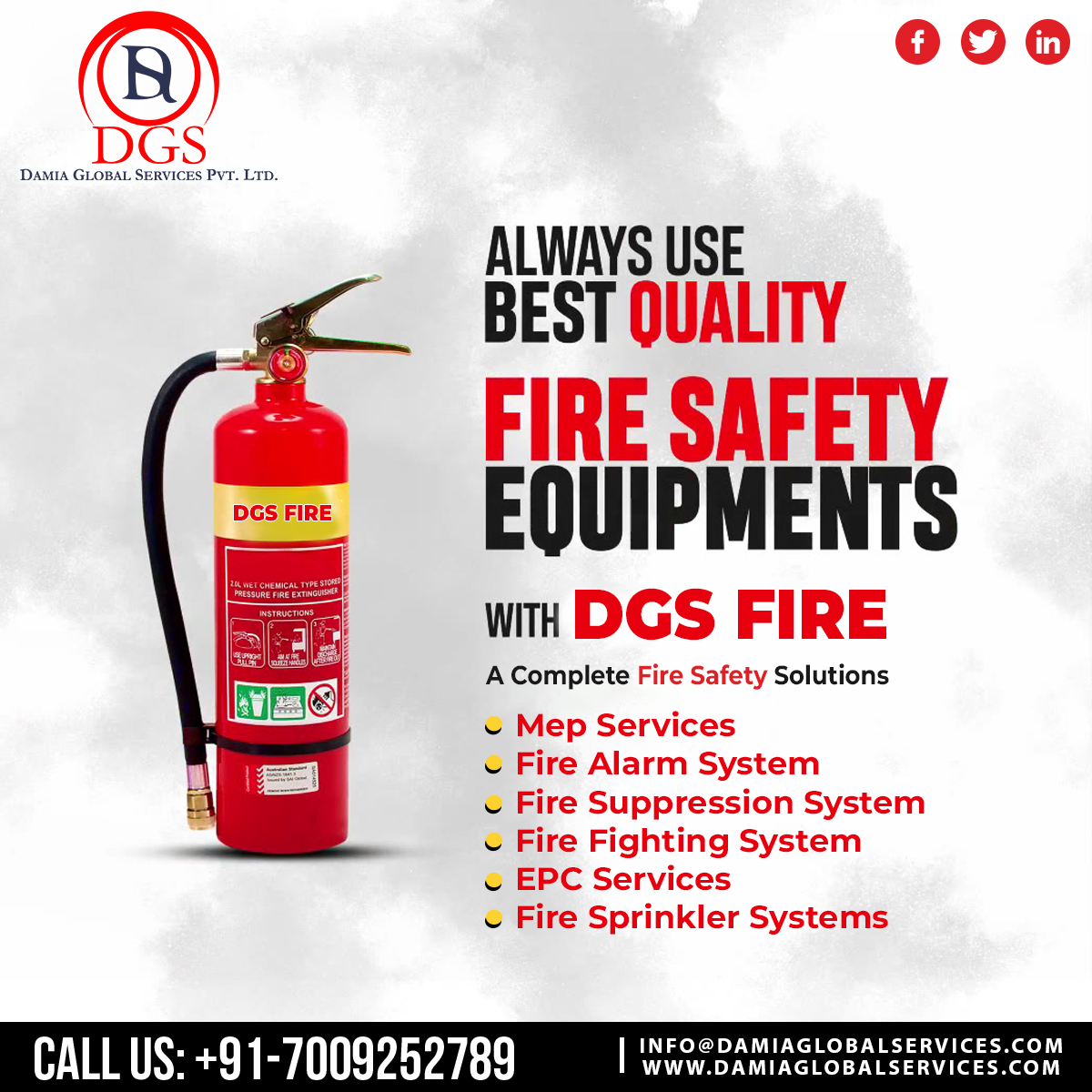 Always use best quality fire safety equipment's with DGS Fire. 

#firesafety #firesafetytraining #firesafetyawareness #firesafetyequipment #FireSafetyTips #firesafetytips #bestquality #BestQualityServices #bestqualityinbestprices