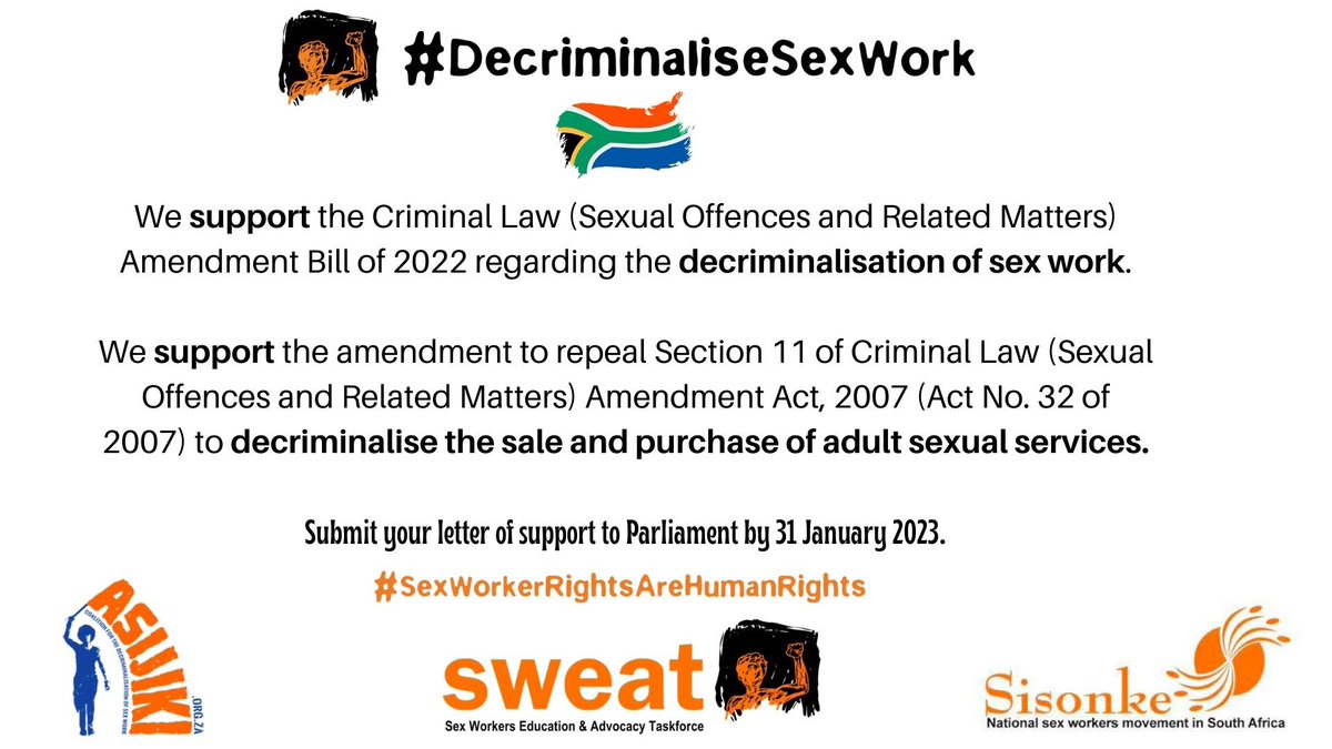 📣 Tell RSA to decriminalize Sex Work. It took decades of advocacy to get to this point. 

<a href="/AmandlaMobi/">Amandla!</a> <a href="/GlobalSexWork/">NSWP</a> <a href="/UNAIDS/">UNAIDS Global</a> <a href="/amnesty/">Amnesty International</a> <a href="/hrw/">Human Rights Watch</a> 

📋 draft submission: docs.google.com/document/d/e/2…

🗓️ 31 January 2023 

#SouthAfricaDecrimBill ✊🏾🇿🇦⚖️