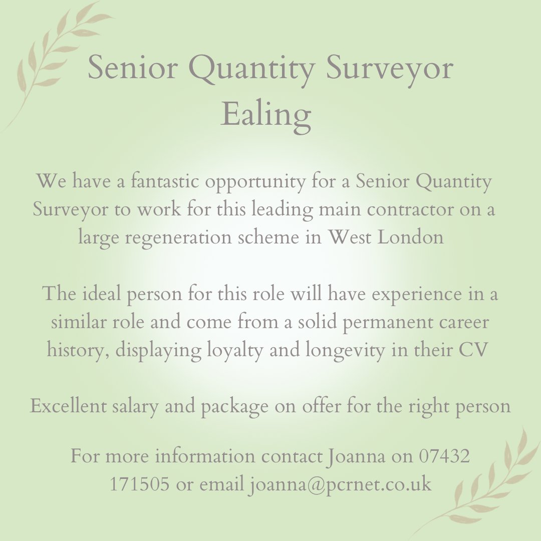 Great opportunity for an experienced Senior Quantity Surveyor for a large regeneration project in West London

#regeneration #seniorquantitysurveyor #sqs #quantitysurveyor #construction #jobsinlondon #constructionjobs #hiring #jobs #recruiting #qsjbs #quantitysurveyorjobs