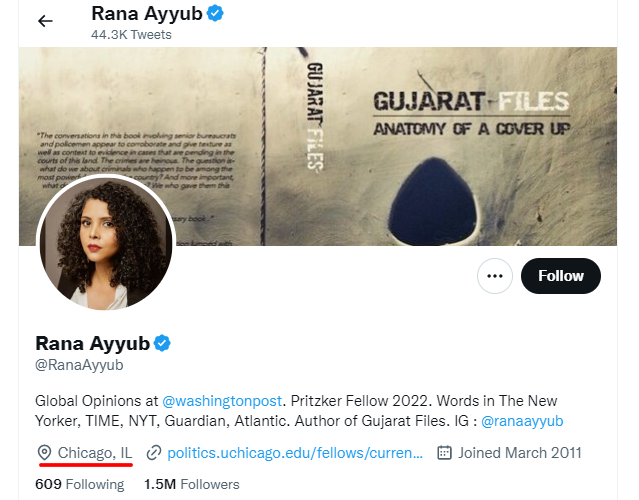 It seems @RanaAyyub left India for good? Her location says Chicago instead of India. A MASSIVE BLOW to suckers in #GreatIndianJudiciary who gave her relief in so many cases. In one case, a judge even said '10-15 cr is no scam' to bail her out🙈

Will @narendramodi bring her back?