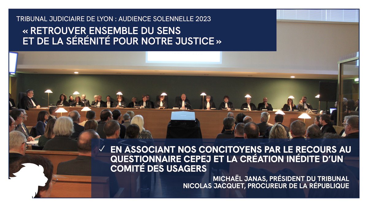 TJLyon's tweet photo. #AudienceSolennelle2023 ⚖️🇫🇷 | « Nous souhaitons aller encore plus loin et créer, pour la première fois dans le domaine de la Justice, un comité des usagers »
→ L’intégralité du discours du Président du @TJLyon et du Procureur de Lyon sur https://t.co/1uJ9dhh67o https://t.co/8E4t4bjVeW