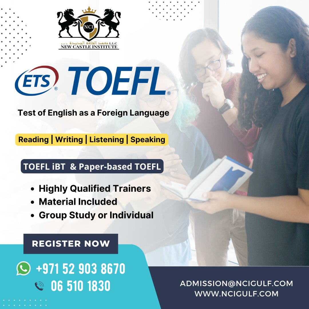 Register Now for TOEFL Preparation Course with Newcastle Institute at very affordable fee.
✅ Call/Whatsapp: +971 6 5101830 | +971 52 903 8670
#Ncigulfsharjah #Toeflsharjah #Dubai #Toeflonline #Learntoeflonline #Toefluae #Toefl #Ncigulf #Studyingermany #Ncigulfuae #Toeflinstitute