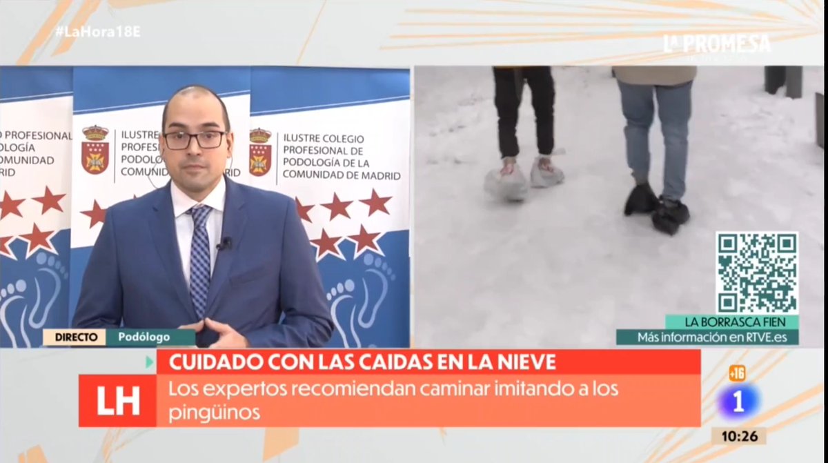 Copomadrid's tweet photo. Gracias @LaHoraTVE por invitarnos ayer para hablar sobre la importancia de nuestros pies y de los cuidados de #Podología en el buen equilibrio de nuestro cuerpo en ambientes de hielo y nieve para así evitar caídas y otras lesiones. La elección de un calzado adecuado será esencial https://t.co/KmjJBXoEXN