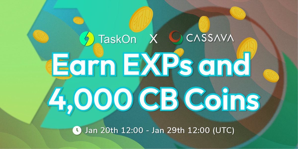 🥳#TaskOn x <a href="/CassavaNetwork/">CassavaNetwork</a> team up for a BIG #giveaway!

🎁 4,000 $CB + #EXPs
⏰ Jan 20th 12:00 - Jan 29th 12:00 (UTC)  

✅To join: taskon.xyz/campaign/detai…

#Web3 #DeFi #Crypto #Airdrop