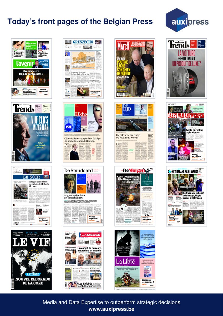 Auxipress's tweet photo. Discover today's front pages of the #BelgianPress 🔔💡👀
#Trottinettes #Scooters #Qatargate #Tarabella #PS #Ukraine #Oekraïne #OlivierVandecasteele #Voiture #Auto #Sofina #Bourse #beurs #Proximus #RobertaMetsola #Nucléaire #nucleair #MarieArena #Beijer #Mafia #Ecrivain #schrijver https://t.co/Lpup6m2Fo4