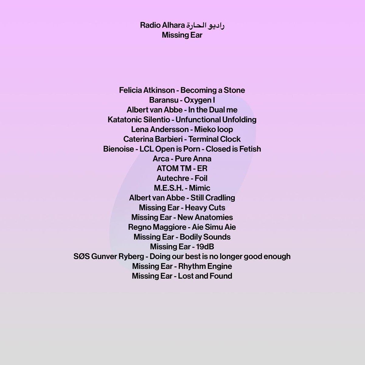 Some days ago I was on air for <a href="/radioalhara/">Radio alHara</a>  راديو الحارة W/ @InsideInfinite  ⚡️ - Force inc. / Mille Plateaux <a href="/achimszepanski/">szepanski</a> 
Tunes by: @atkinsonfelicia <a href="/Bienoise/">Bienoise</a> &amp; many others...
soundcloud.com/missing_ear/ra…
#listening #techno #glitch #experimental