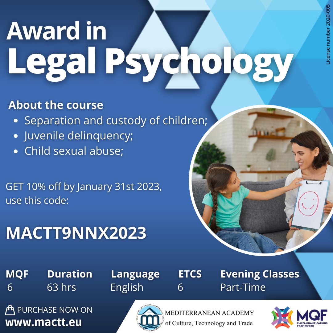 MacttMalta's tweet photo. Unlock the secrets of #legal #psychology with this higher #education #course and earn an #award that will give you a head start in your #career. GET 10% off by January 31st, 2023, use this code: MACTT9NNX2023
https://t.co/aegwOiNcD7

#MACTT https://t.co/IFxrXYpqmN