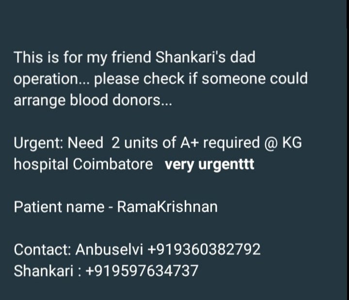 blood needed in #Coimbatore <a href="/BloodAid/">BloodAid</a> <a href="/BloodDonorsIn/">Blood Donors India</a> #BloodDonation - kindly help friends - thanks in advance