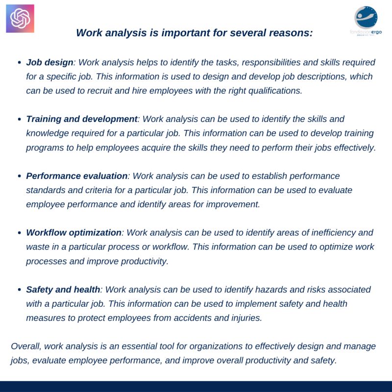 🗣 Tutti lo stanno provando... abbiamo voluto farlo anche noi! Ci siamo divertiti a inserire in #chatGPT alcune nostre parole chiave. Ecco il risultato per "The importance of work analysis". Ci sono elementi che aggiungereste? E quali le priorità per le vostre aziende?