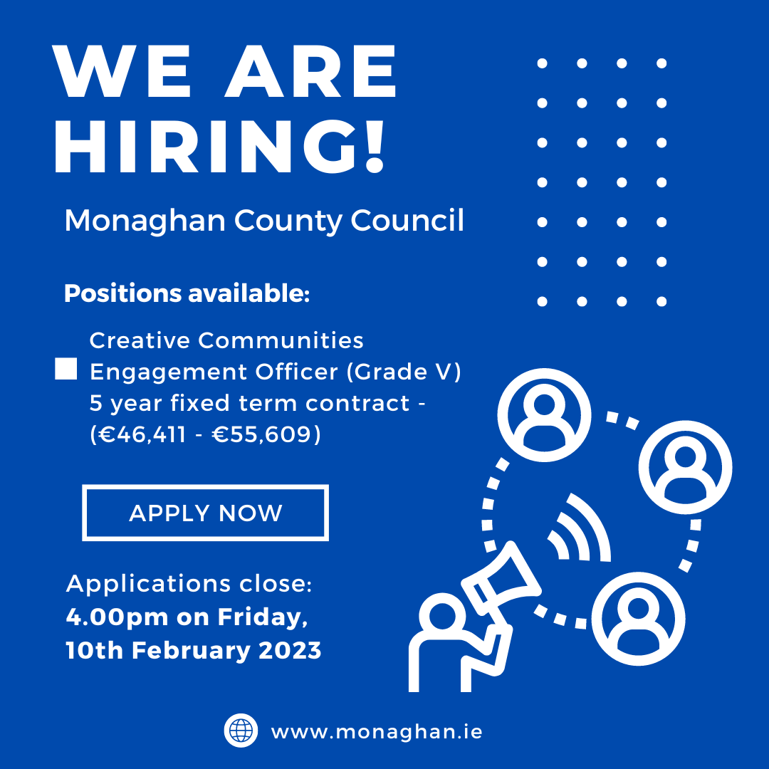 MonaghanCoCo's tweet image. Apply now!💻
MCC is recruiting for the following position:

📌 Creative Communities Engagement Officer (Grade V) 5 year fixed term contract – (€46,411 – €55,609)

➡️ Link for further details
bit.ly/3ZGLujX

Applications close: 
4.00pm on Friday, 10th February 2023
