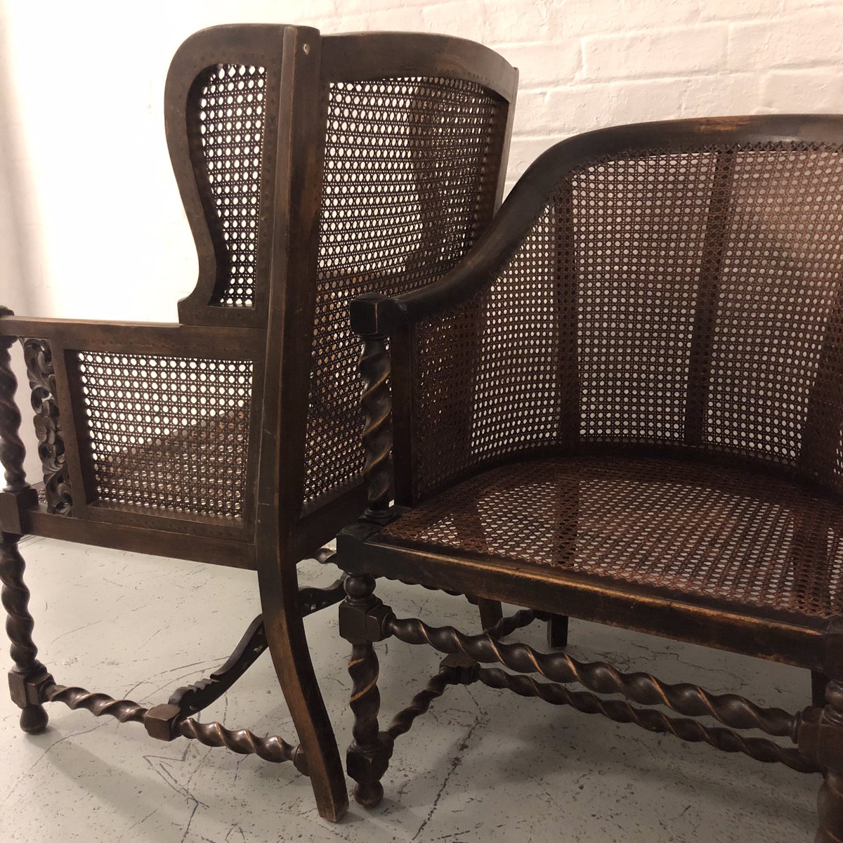 south_rachael's tweet photo. Some intense caning this month….. and many Barley Twist rails!! #chaircaning #canechairs #seatweaving #wingchair #rattan #cane https://t.co/in3ng4RMf5