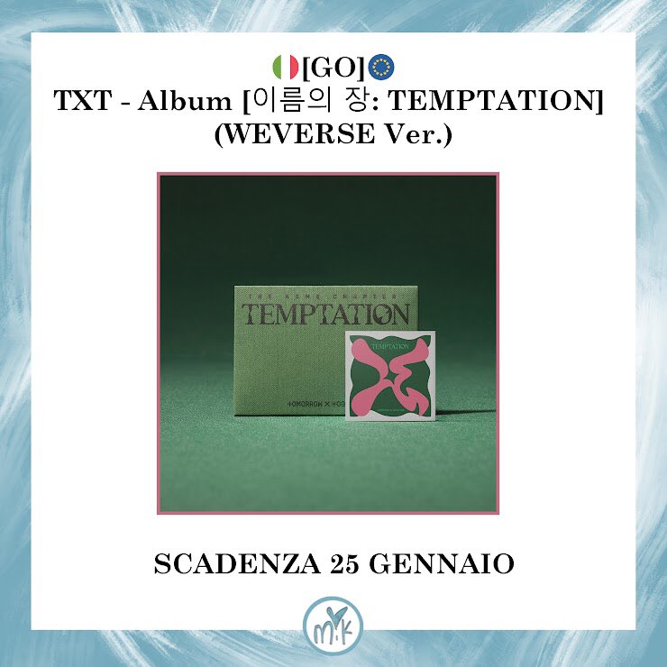 MIK_GO2's tweet photo. 🇮🇹🇪🇺[#GO] #TXT - Album [이름의 장: TEMPTATION] (WEVERSE Ver) 

Ktown4u👇🏻
💶8€

Weverse👇🏻
💶11€

📦KR/ITA SHIPPING AND CUSTOMS INCLUDED

😚Garanzia al 100% fino a casa vostra

🇮🇹
https://t.co/XMVaQBfD17

🇬🇧If you’re from outside italy DM us to order! 

#txtgrouporder #txtwts https://t.co/df9L18YdGY