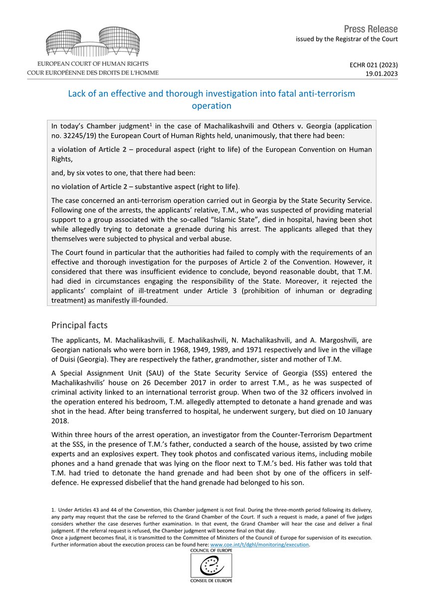ECHR_CEDH's tweet photo. Judgment Machalikashvili and Others v. Georgia - Lack of an effective and thorough investigation into fatal anti-terrorism operation 
https://t.co/tWXDhuA2ja
#ECHR #CEDH #ECHRpress https://t.co/bzOKSPN5ol