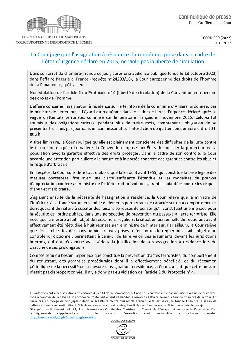 ECHR_CEDH's tweet photo. Arrêt Pagerie c. France - l’assignation à résidence prise dans le cadre de l’état d’urgence déclaré en 2015 ne viole pas la liberté de circulation
https://t.co/VqsmC0MdAG
#ECHR #CEDH #ECHRpress https://t.co/HK9Snq5b0Q