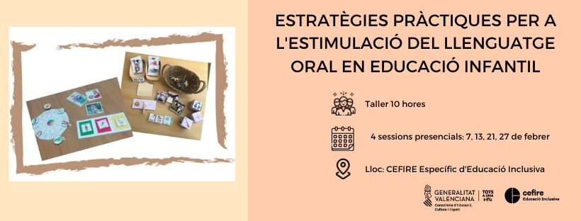 📢Inscripció oberta!
Taller: Estratègies pràctiques per a l'estimulació del llenguatge oral en educació infantil
📆Del 7 al 27 de febrer
📍Presencial
Informació: cefire.edu.gva.es/sfp/index.php?…