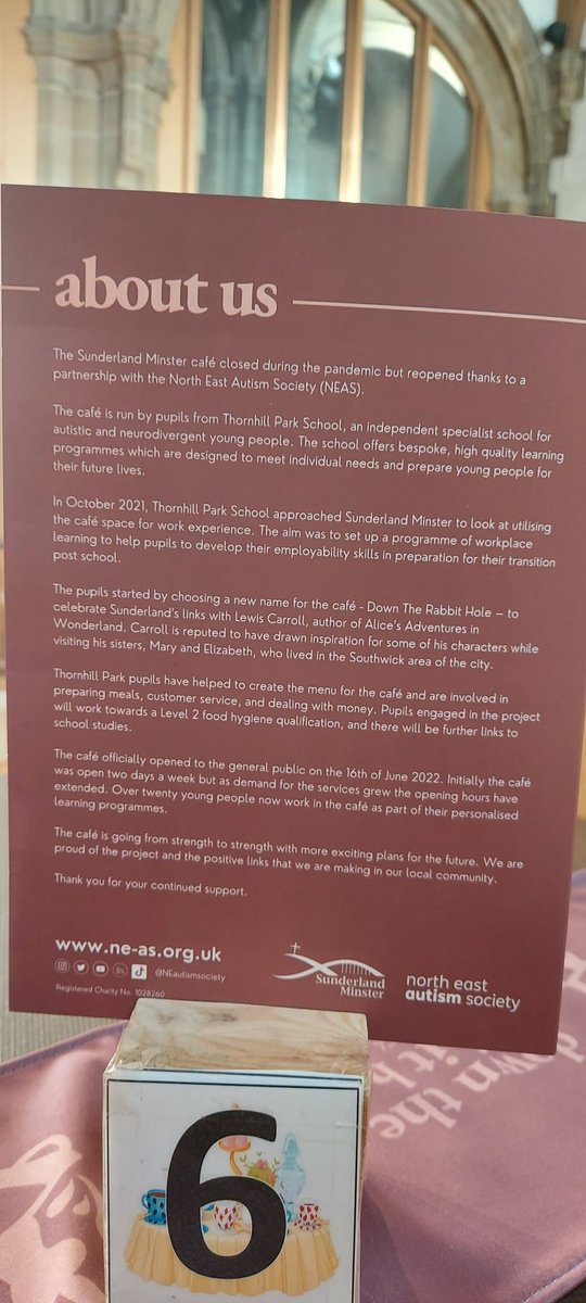 rachaeltk's tweet photo. Check out the new menu at Down The Rabbit Hole which is located inside @SlandMinster . It's ran by young adults with autism who are supported by @NEAutismSociety open Mon-Fri 10.30 til 2!
#AutismAcceptance
#Sunderland #northeastengland #Autistic #empoweringyouth #eatingout https://t.co/lNioluwq4t