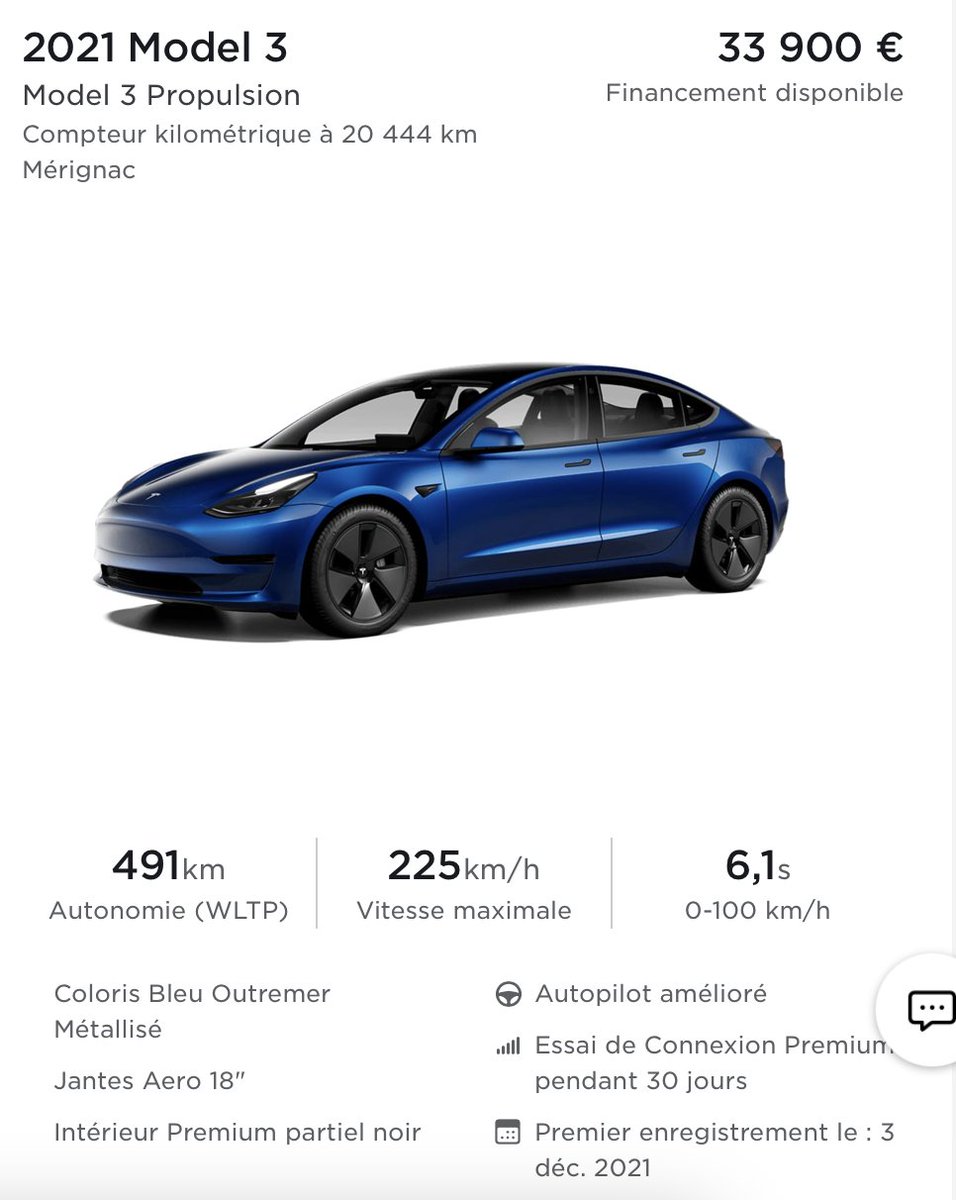 juju_roussel's tweet photo. Vous rêvez de rouler en #Tesla ? 
De très belles occasions sont disponibles immédiatement :
- Tesla Model 3 de fin 2021
- Batterie 60KW - 491Km WLTP
- Autopilot amélioré
= 33 900€ ! 
https://t.co/L0L8X1W1Bv https://t.co/xvC15j52MT