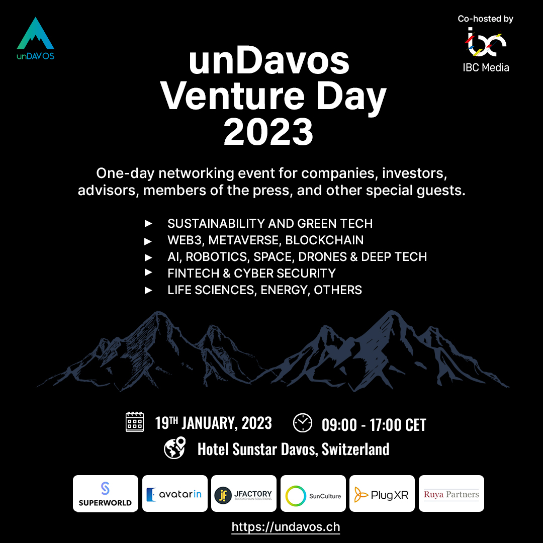 unDavos Summit (@undavossummit) on Twitter photo UnDavos Venture Day 2023 is a premier networking event for companies, investors, press and guests in Davos. Join us to discover new business opportunities, learn from industry leaders, and connect with like-minded individuals. Link: socialventureday.com UnDavos Venture Day 2023 is a premier networking event for companies, investors, press and guests in Davos. Join us to discover new business opportunities, learn from industry leaders, and connect with like-minded individuals. Link: socialventureday.com