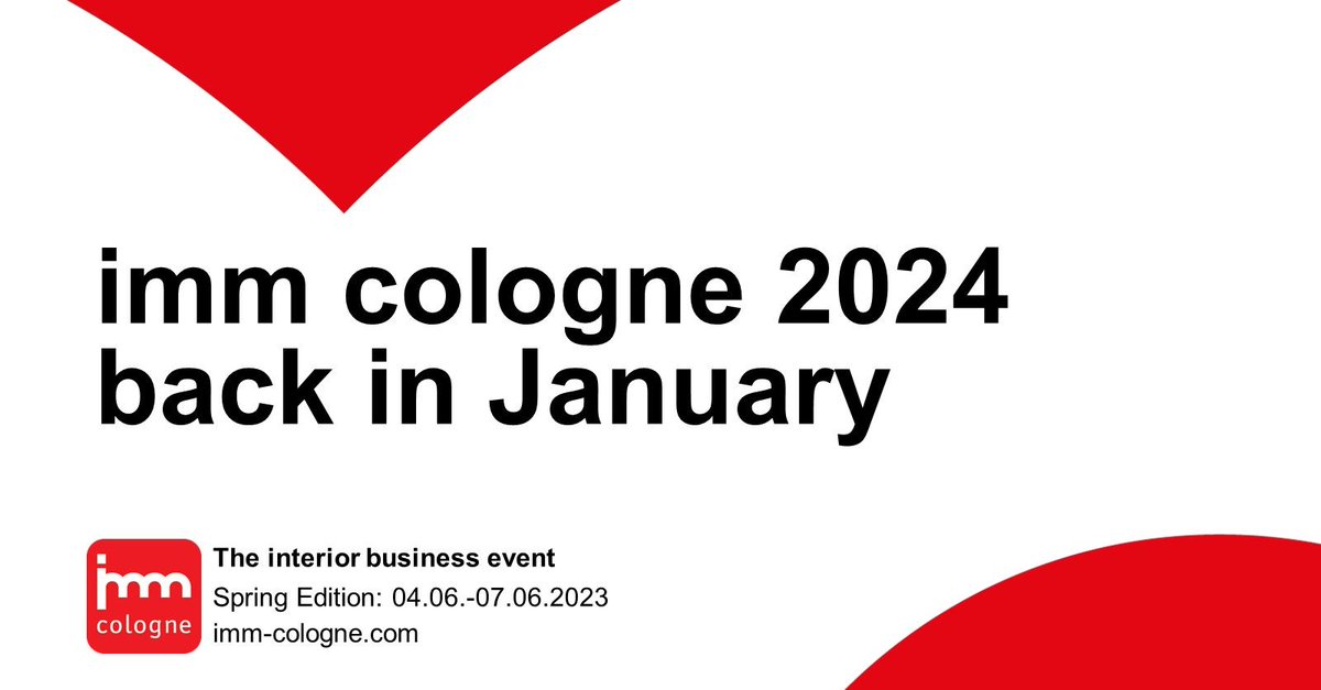 The <a href="/imm_cologne/">imm_cologne</a> will take place in January 2024 from Sunday, 14 January, to Thursday, 18 January. After the enforced break due to the pandemic and the #immSpringEdition in June 2023, imm cologne will launch the new interior design year again in 2024: bit.ly/3Hd8Eaj