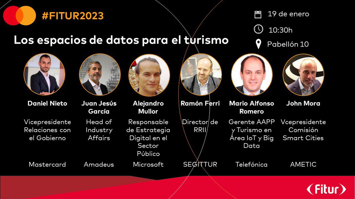 Mastercard España (@mastercardes) on Twitter photo Está a punto de empezar el panel llamado "Los espacios de datos para el turismo" en #Fitur2023. Participan <a href="/DaniNieto/">Daniel Nieto</a> de #Mastercard, <a href="/jjgarsantw/">Juan Jesus Garcia</a> de <a href="/AmadeusITGroup/">Amadeus</a>, Alejandro Mullor de <a href="/MicrosoftES/">Microsoft España</a>, <a href="/ramonferri/">Ramón Ferri</a> de <a href="/SEGITTUR/">SEGITTUR</a>, <a href="/mromeroju/">Mario Romero</a> de <a href="/Telefonica/">Telefónica</a>  y <a href="/Mr_JohnMW/">John Mora Williams</a> de <a href="/AMETIC_es/">AMETIC</a> Está a punto de empezar el panel llamado "Los espacios de datos para el turismo" en #Fitur2023. Participan <a href="/DaniNieto/">Daniel Nieto</a> de #Mastercard, <a href="/jjgarsantw/">Juan Jesus Garcia</a> de <a href="/AmadeusITGroup/">Amadeus</a>, Alejandro Mullor de <a href="/MicrosoftES/">Microsoft España</a>, <a href="/ramonferri/">Ramón Ferri</a> de <a href="/SEGITTUR/">SEGITTUR</a>, <a href="/mromeroju/">Mario Romero</a> de <a href="/Telefonica/">Telefónica</a>  y <a href="/Mr_JohnMW/">John Mora Williams</a> de <a href="/AMETIC_es/">AMETIC</a>