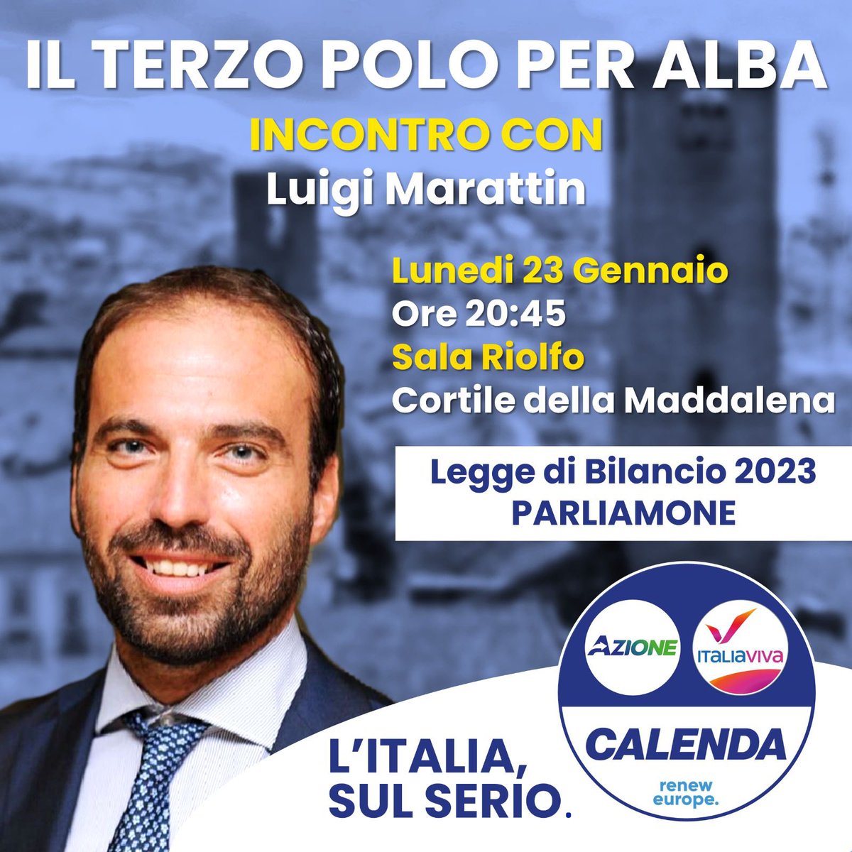 jackprandi's tweet photo. Ci vediamo lunedì 23 Gennaio, alle 20:45 in Sala Riolfo ad Alba per parlare insieme a @marattin della Legge di Bilancio 2023. 

Vi aspettiamo numerosi! https://t.co/KrKXLytBp1
