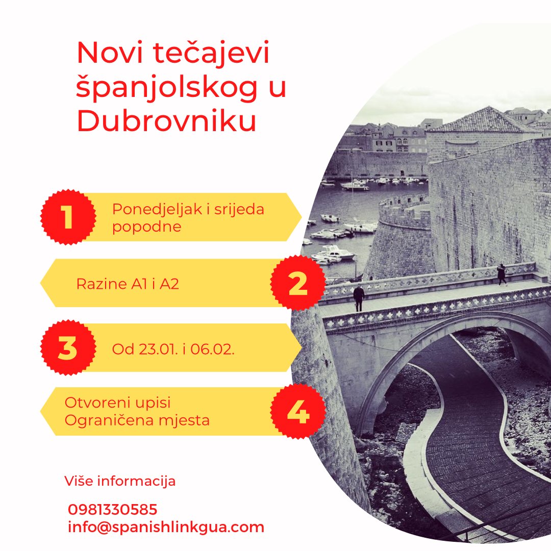 Izvrsna ponuda tečajeva španjolskog u Dubrovniku. Profesor Francisco Ramos Pastor. Sve razine (A1-C2).
Ukoliko trebate više informacija, posjetite web stranicu spanishlinkgua.com/hr/nastava-uzi…
Ukoliko ste zainteresirani,  registrirajte se na: forms.gle/cnewJXpN73pjzk…