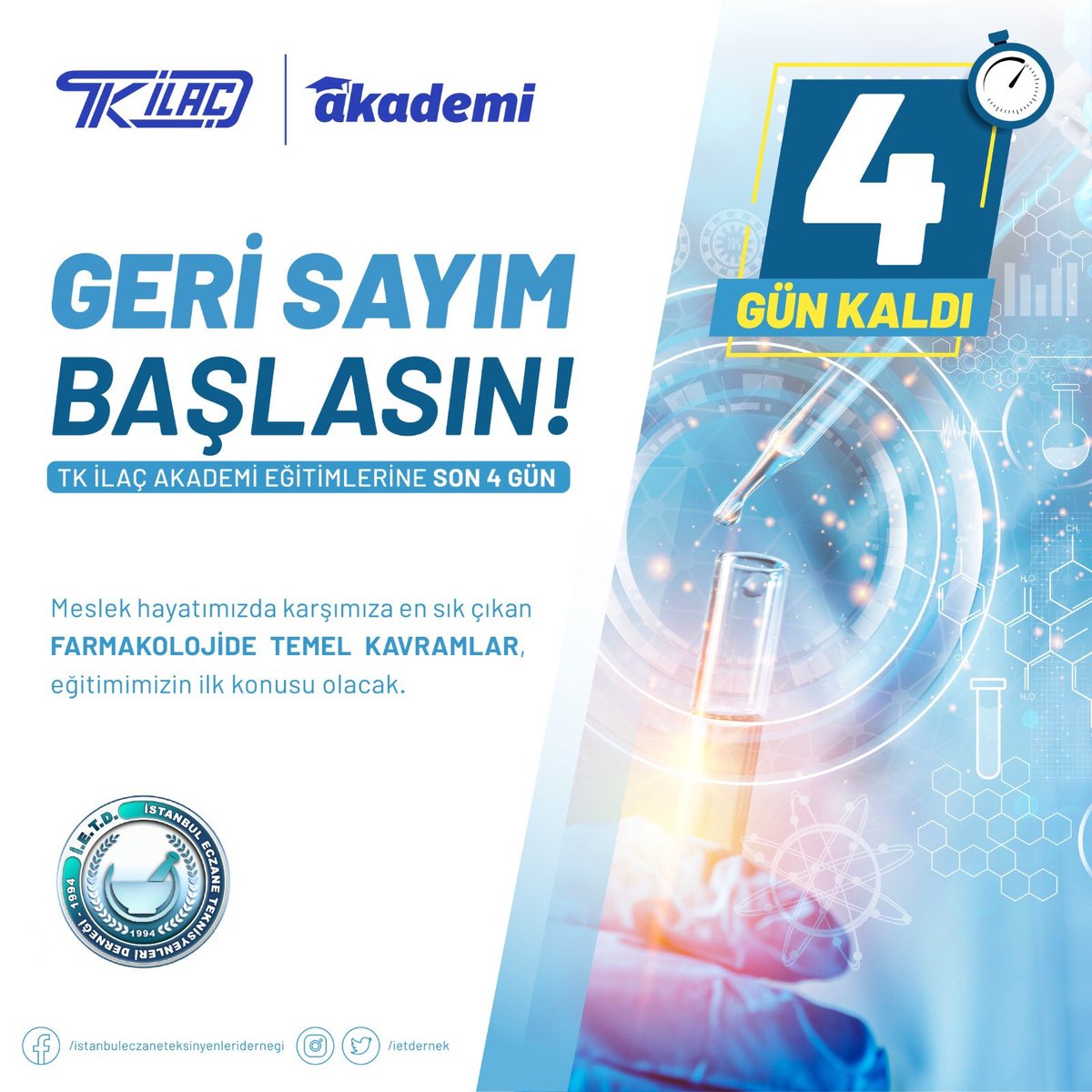 ietdernek's tweet photo. İstanbul Eczane Teknisyenleri Derneği ve TK İlaç Akademi iş birliği ile düzenlenen TK İlaç Akademi Eğitimleri 22 Ocak Pazar Günü Saat: 11:00 13:00 arası *Farmakolojide Temel Kavramlar* eğitimi ile başlayacaktır. https://t.co/6MG1XO5ySX