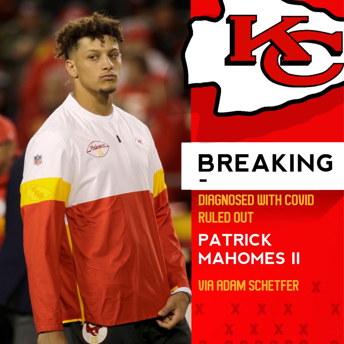 kcchiefsmmz's tweet photo. BREAKING: Patrick Mahomes has been diagnosed with COVID and has been ruled out of Saturday’s AFC Divisional Championship vs the Jaguars. #HenneTime https://t.co/ra2T24ti6I