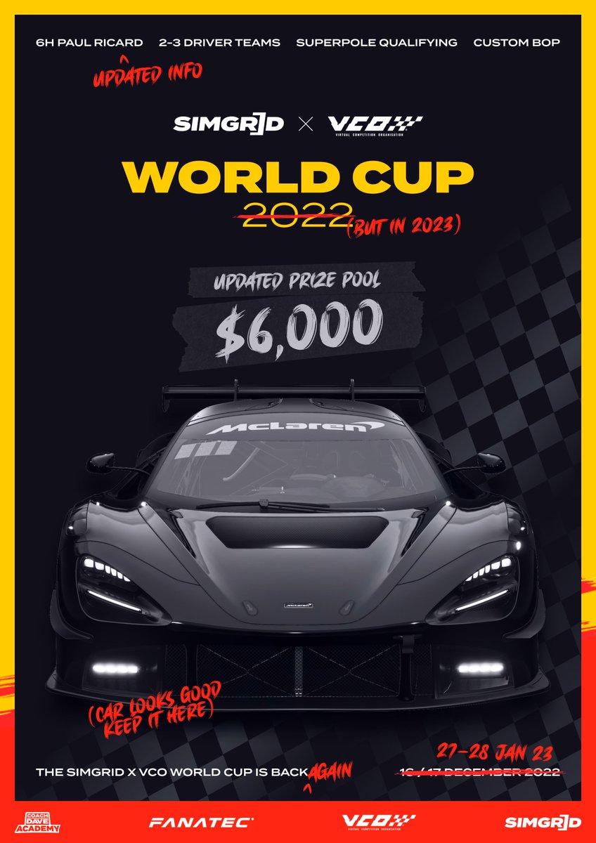 sim_grid's tweet image. The SimGrid x @vcoesports World Cup event is back (again) ⚡

On January 28th, 49 of the best esports teams will battle it out at Paul Ricard for the remaining $5,000 🔥

Read more about the 6H event below 👇

➡️ simgr.id/SimGridxVCO-Wo…