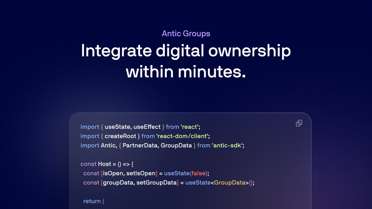 1/ Unlock new engagement and monetization opportunities for your platform with Antic's Web3 infrastructure. Our SDK makes it easy for developers to integrate digital ownership modules with a seamless onboarding experience and out-of-the-box group checkout flow.