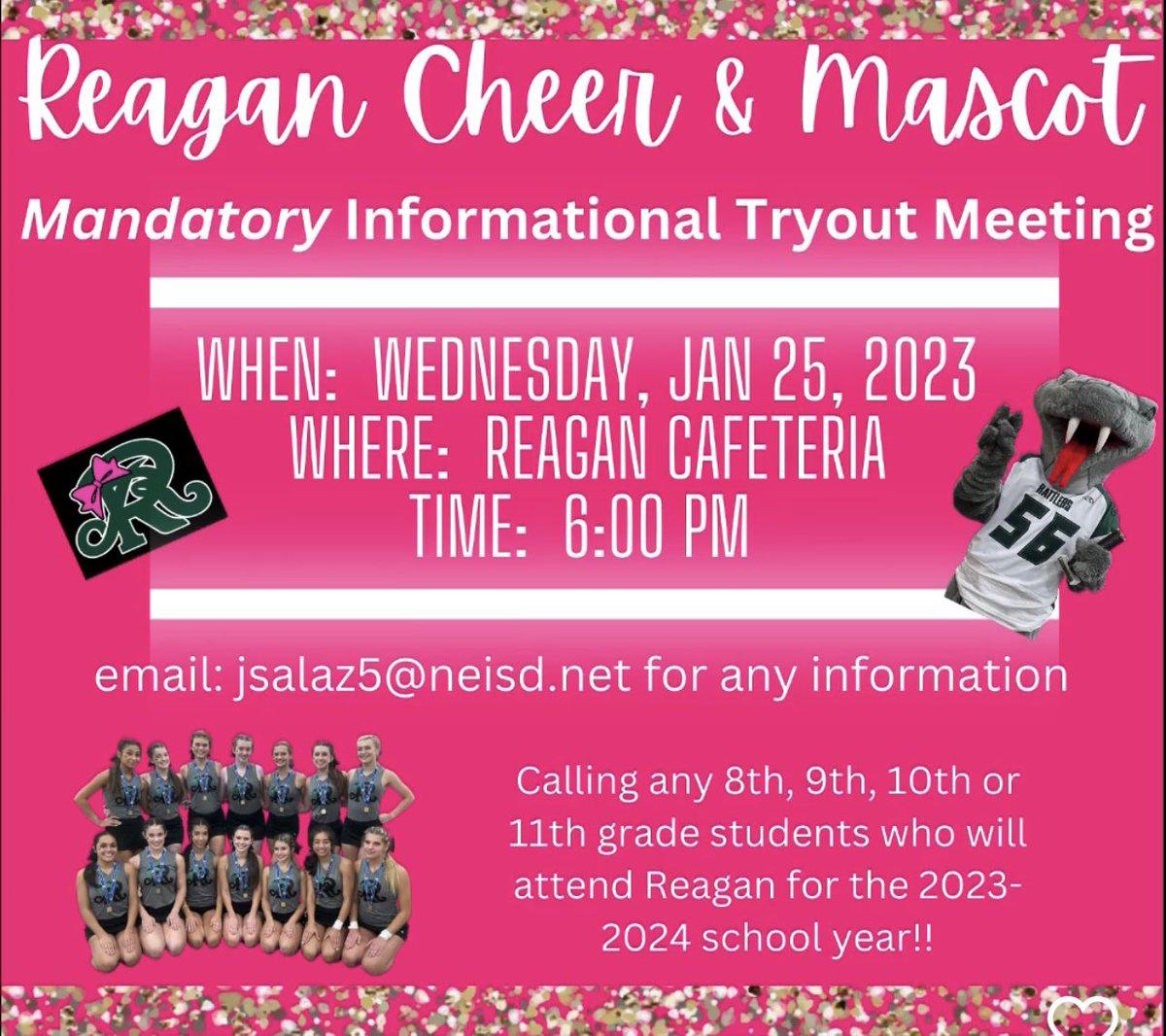 Tryouts did the 2023-2024 school year are coming up!  Don’t miss out on your opportunity to be a REAGAN CHEERLEADER or Mascot!!! <a href="/bushneisd/">Barbara Bush MS</a> <a href="/lopezneisd/">LopezLEADS</a> <a href="/NEISDFineArts/">NEISD Fine Arts</a>