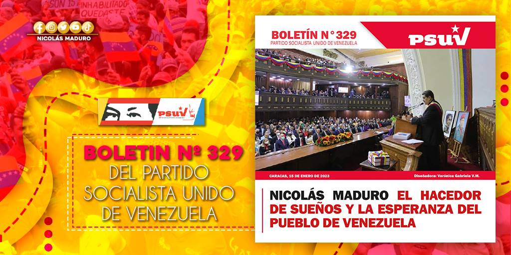 El Boletín N° 329 del <a href="/PartidoPSUV/">PSUV</a> inicia el 2023 con los temas destacados de una agenda de gobierno que arranca de cara a la nueva época de renacimiento. ¡Tenemos las líneas claras para avanzar y vencer! ==> bit.ly/3iJo1xU