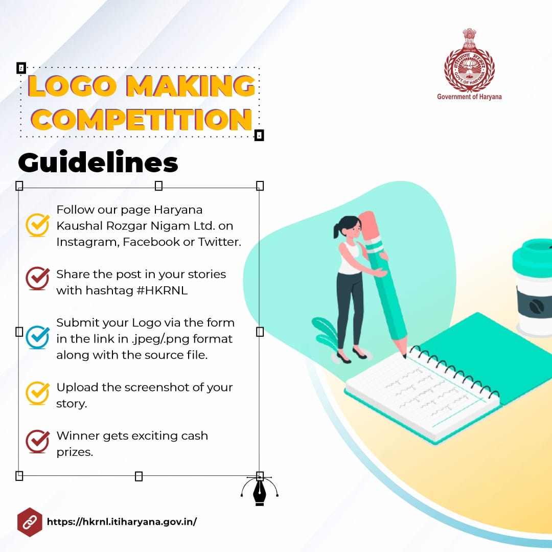 To learn more about the competition guidelines visit the link below: 

forms.gle/oSPR7HmDUF1okt…

 #HaryanaKaushalRozgarNigamLtd 

#logodesigns #logomakingcompetition #logocontest #logodesigner #logocompetition #hkrnl #HaryanaKaushalRozgarNigamLtd