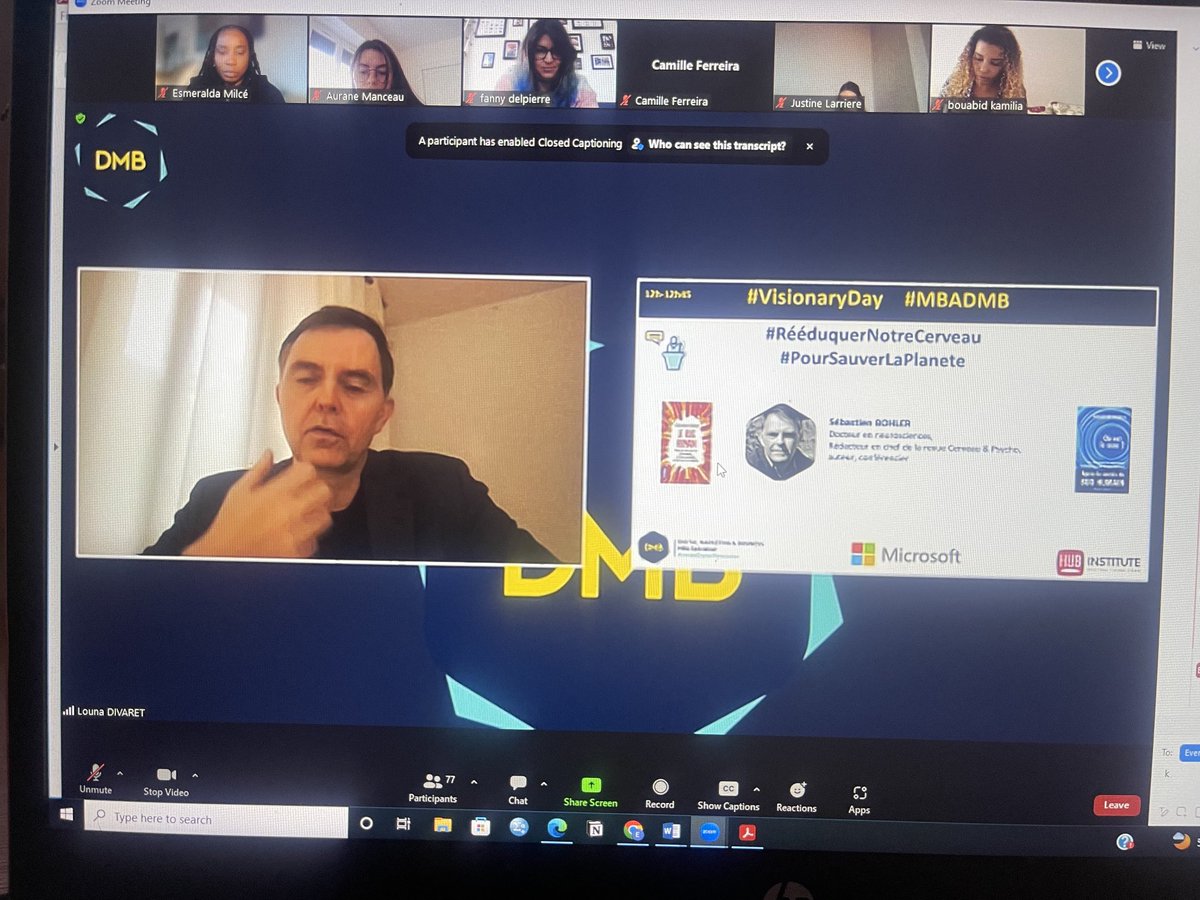 esmeralda_milce's tweet photo. #visionaryday
Ravie d'écouter @SeBohler, l'auteur du livre #lebughumain, qui vient de proposer, aux étudiants du #mbadmb, des solutions pour changer le fonctionnement du cerveau dans le but de limiter la destruction de la planète.
#mbadmb https://t.co/9ACYFrag1w