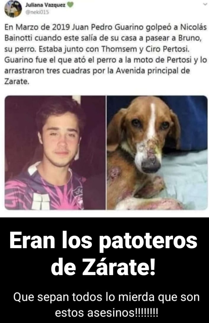 Este tipo estaba con los asesinos de Fernando Báez Sosa cuando lo mataron, pero el muy basura zafó pese a que es miembro de la banda.
Creo que si no se disfraza o se fuga, en Zárate o donde lo identifiquen lo van a atender. Es mi opinión. Creo que corre peligro.