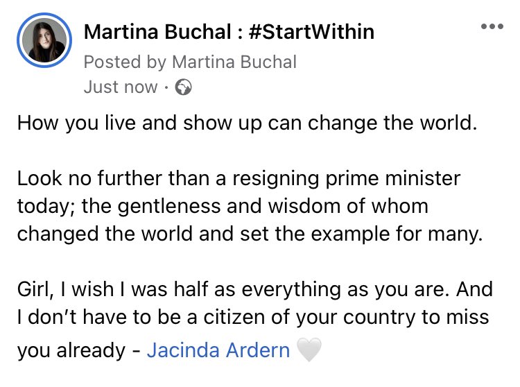 How you live &amp; show up can change the world. Look no further than a resigning prime minister today; the gentleness and wisdom of whom changed the world and set the example for many. 

I don’t have to be a citizen of your country to miss you already- <a href="/jacindaardern/">Jacinda Ardern</a> 🤍 #leadership