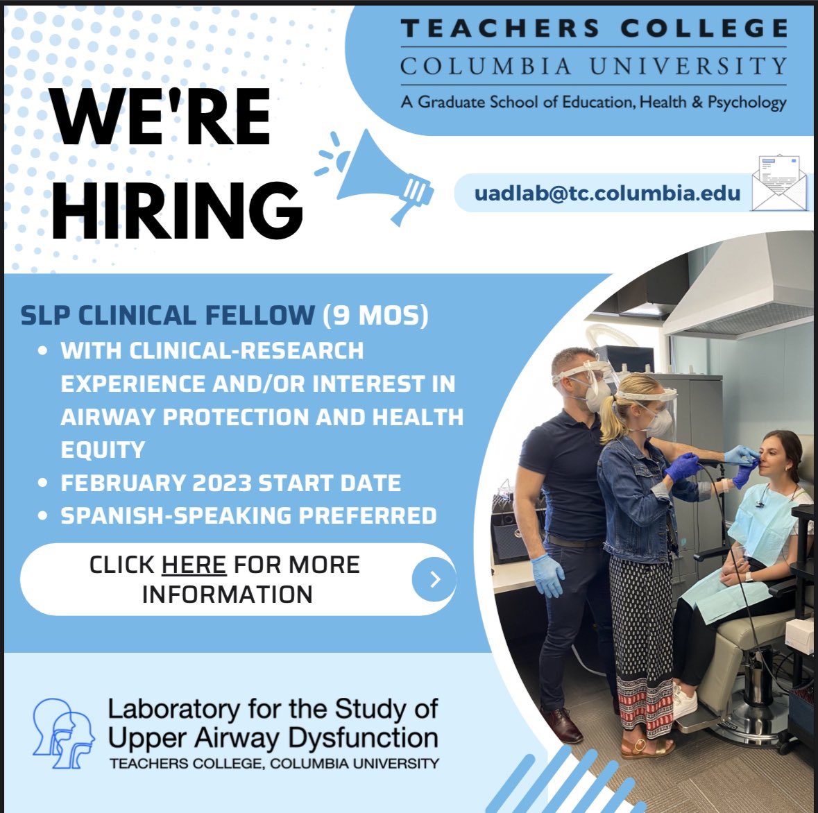 📣 Spread the word! We are looking for #clinical fellow with interest/passion for airway protection and health equity.

For more info: employment.tc.columbia.edu/cw/en-us/job/5…

#swallowing #cough #dysphagia #dystussia #research #slplife #speechlanguagepathology #SLPros #slpeeps #teacherscollege