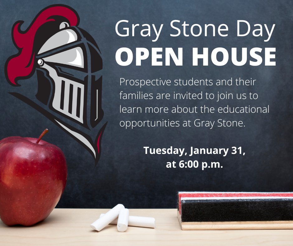 You are invited to attend a Prospective Student Open House at Gray Stone Day School on Tuesday, January 31, 2023 at 6:00 p.m. in the high school. Guests will learn more about curriculum offerings, extra-curricular activities, clubs, and tour both the middle and high school.