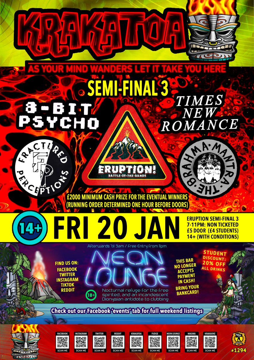 VolcanicTiki's tweet photo. #ERUPTION continues this weekend at Krakatoa!
Tomorrow night promises another epic live show, with #8BitPsycho , #TimesNewRomance, #FracturedPerceptions and #TheBrahmaMantra battling for a spot in our Grand Final next month: https://t.co/S2KmOBkCox