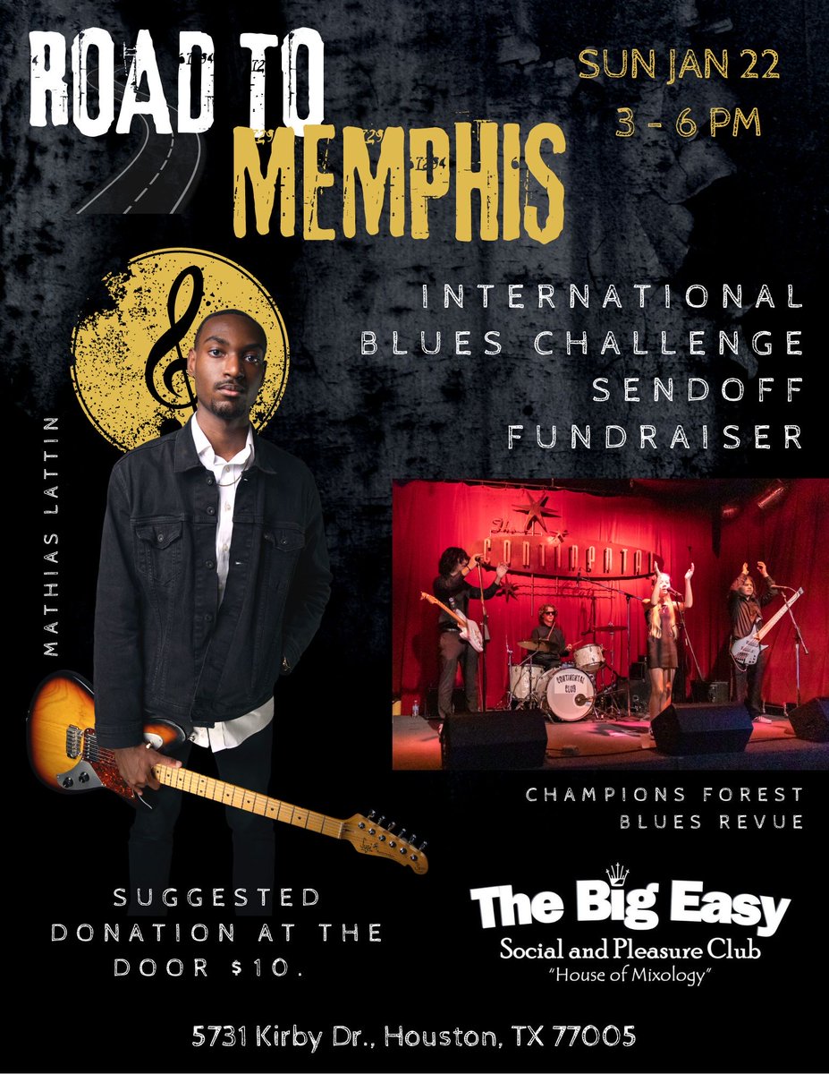 Join HBS on Sun., Jan. 22nd, at the Big Easy Social &amp; Pleasure Club, 5731 Kirby Drive, Houston, as we send the Mathias Lattin Band and the Champions Forest Blues Revue to Memphis for the IBC! Admission is $10 at the door. <a href="/BobRuggiero2/">Bob Ruggiero</a> @andrewdansby <a href="/ThePhantomTX/">Chris Gray</a> <a href="/BluesFoundation/">The Blues Foundation</a>