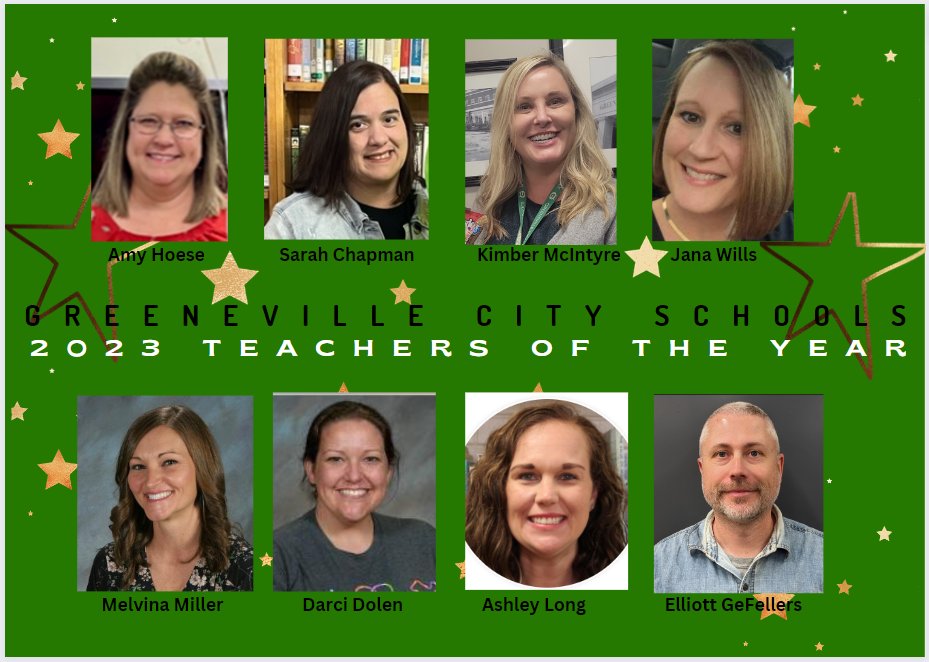 Help us to congratulate our Teachers of the Year!

EastView: Darci Dolen
Hal Henard: Melvina Miller
Highland: Ashley Long
Tusculum View: Amy Hoese
TOPS: Jana Wills
GMS: Sarah Chapman
GHS: Kimber McIntyre
GTC: Elliott GeFellers