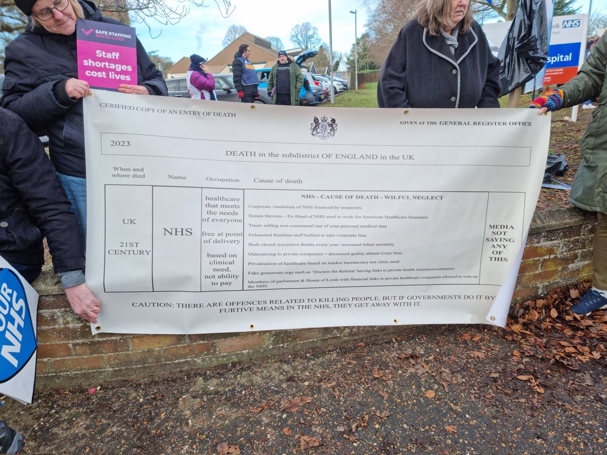 Visited the RCN picket line at Hellesdon very well supported. Lots of support from the public. Saw this banner...