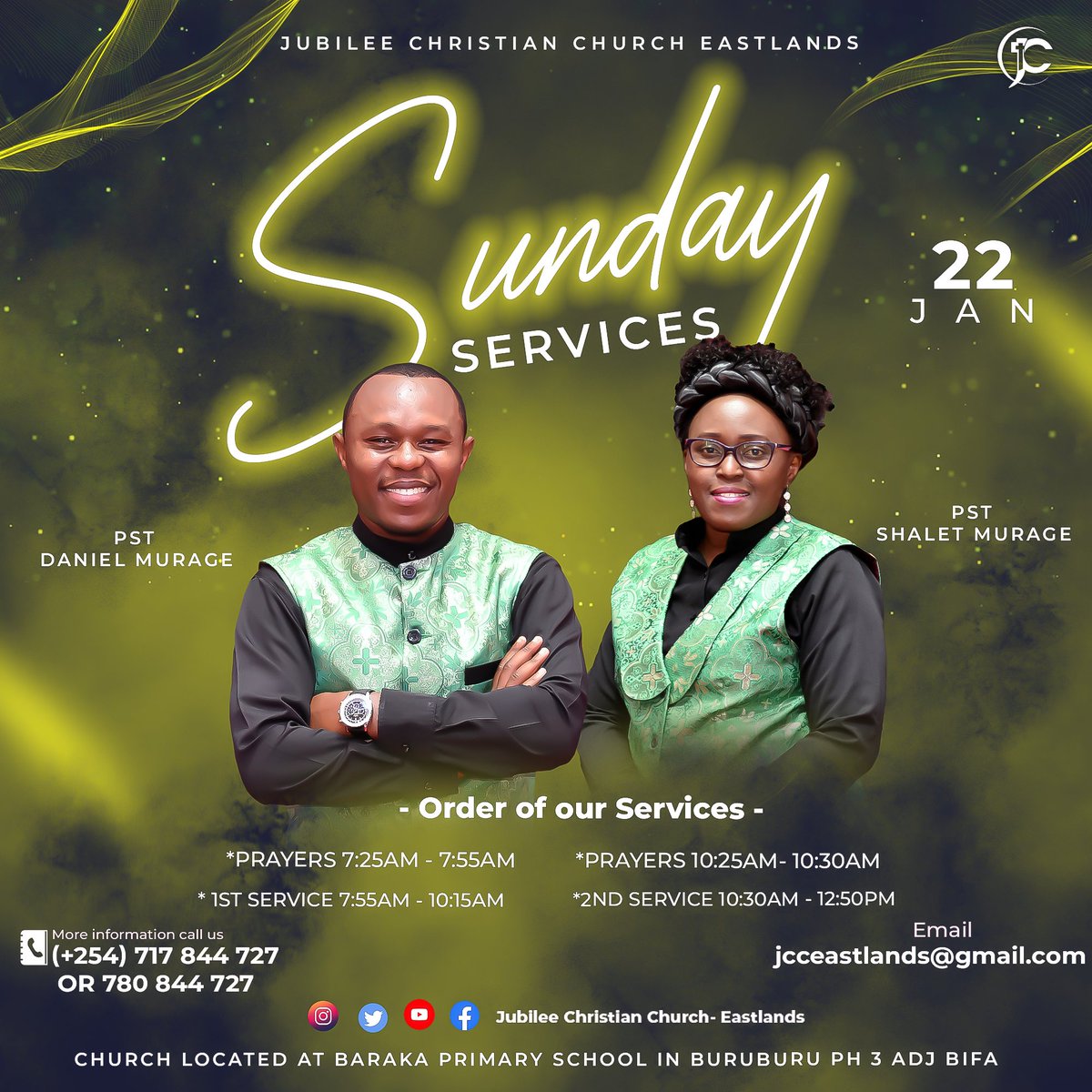Jcceast's tweet photo. Hello Family,
You are invited to Church for our Sunday Services.
For Prayers/ Testimony: (+254) 717 844727
Email: jcceastlands@gmail.com
Share the invite & tag along a friend or two! God bless you.
#PossessYourPossession
#JCCEChangingLives
@pastordanmurage @pastorshalet https://t.co/RsJElterYz