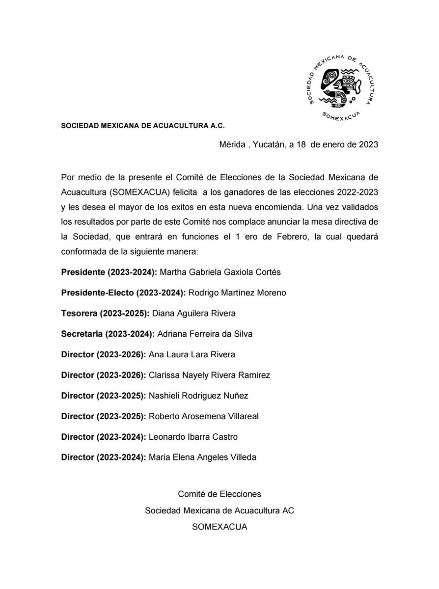 ¡Atención!... Tenemos los resultados de las elecciones 2022-2023, muchas felicitaciones a los ganadores, del mismo modo agradecemos la participación de los socios durante este proceso que fortalece a la Sociedad Mexicana de Acuacultura... enhorabuena 🥳🥳🥳🥳