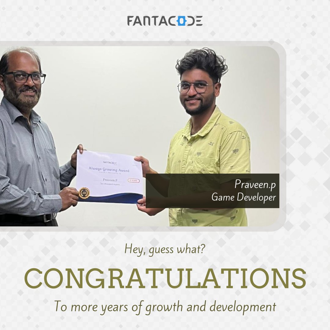fantacode's tweet photo. Here’s a token of appreciation for your thoughtfulness and support.
Always growing award proudly presented to Praveen p 

#fantacode #team #appreciation #cashprize #award https://t.co/8k920cuIgD