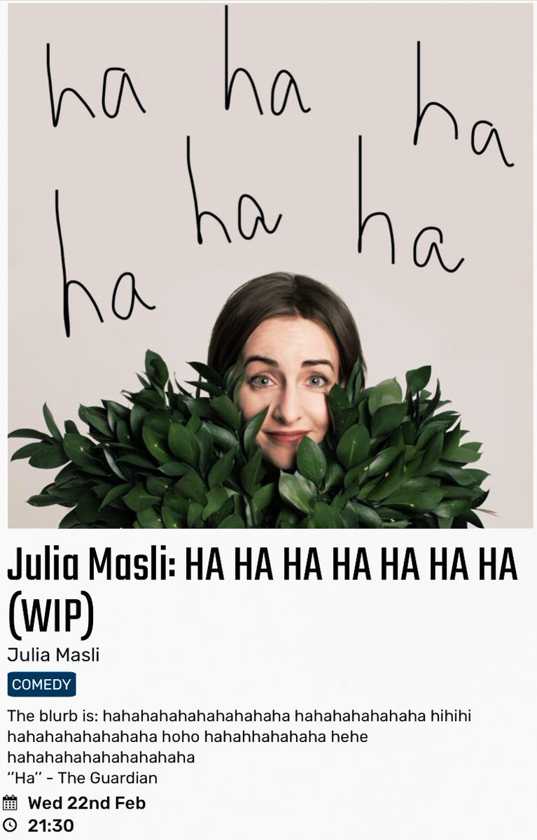 JuliaMasli's tweet photo. Late addition to @VAULTFestival show announcement: Ha ha ha ha ha ha ha
Pls spread word about my new show ha ha ha ha ha ha ha https://t.co/wwMomOeyOy