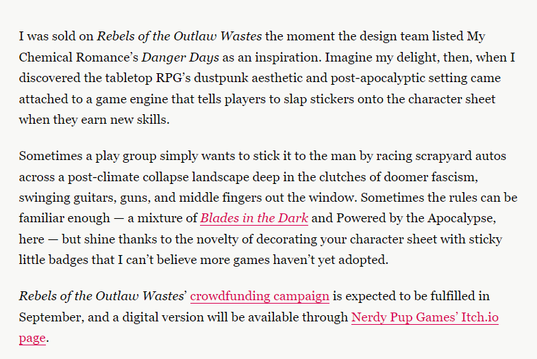 nerdypupgames's tweet photo. WOW, incredibly surprised and thrilled for #RebelsOfTheOutlawWastes to make Polygon's list of 7 most anticipated games of 2023! Thanks @Polygon and @chasewrites. 🤘🎸 https://t.co/qkoicURRnx