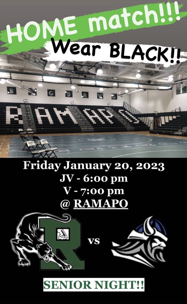 HOME match this Friday, 1/20.  Wear BLACK!!!!  Senior night as well.  Come out and support!! @RHSPrincipalNJ @RHSAthleticDir @RIHSuper